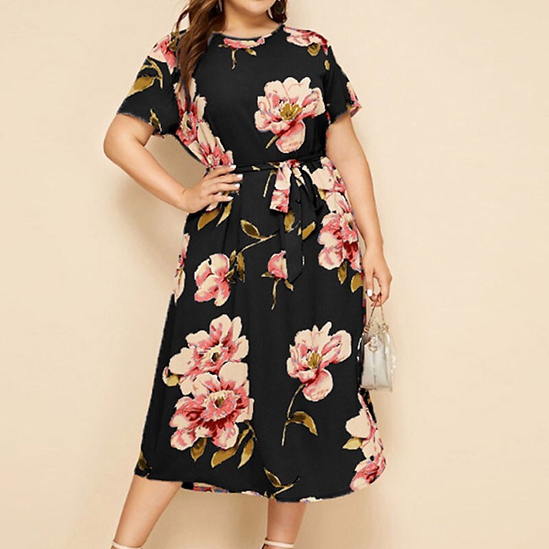 Women's Plus Size A Line Dress Floral Casual Midi Dress