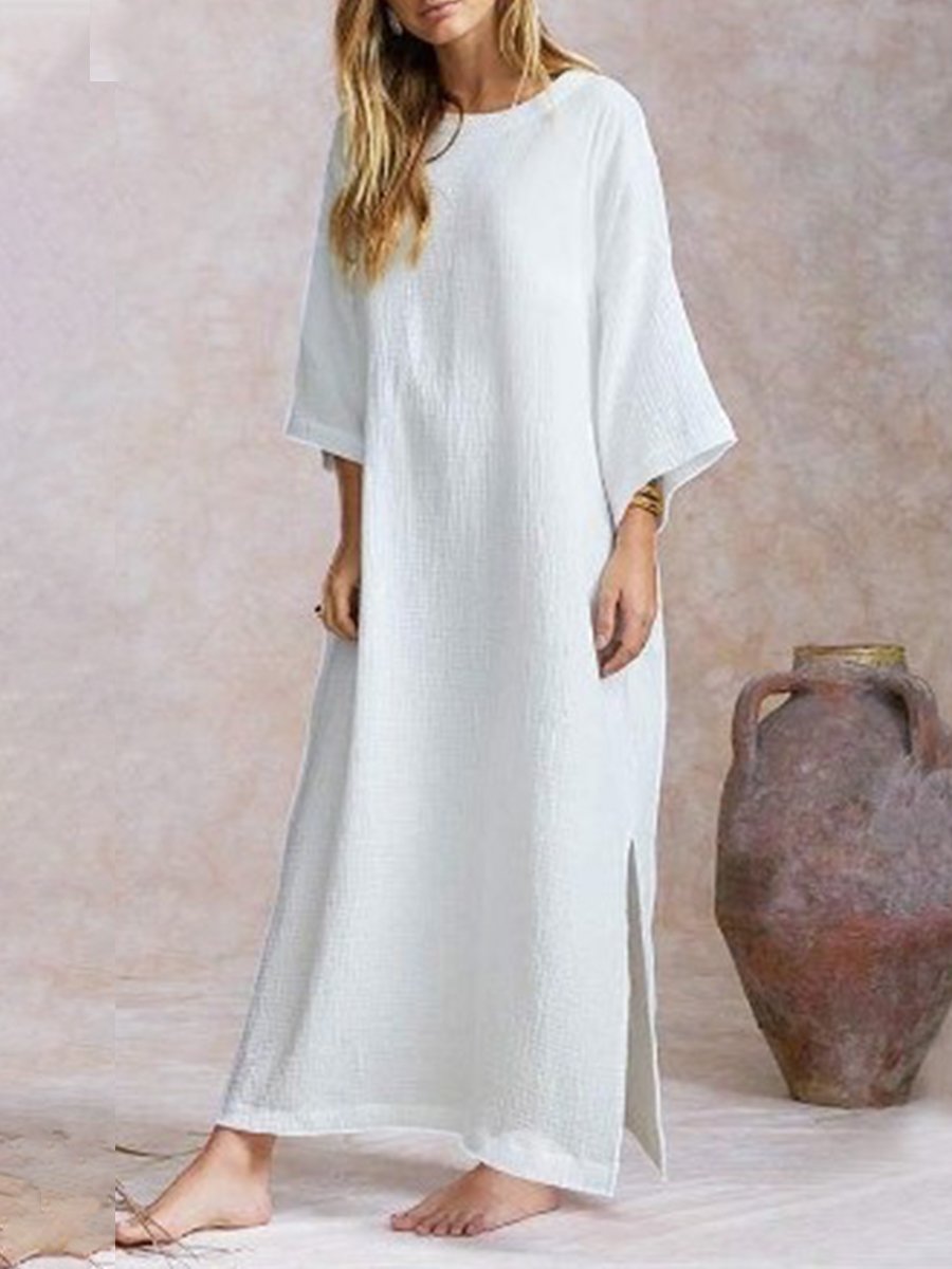 Women's Round Neck Flared Long Sleeve Hem Slit Cotton Linen Dress