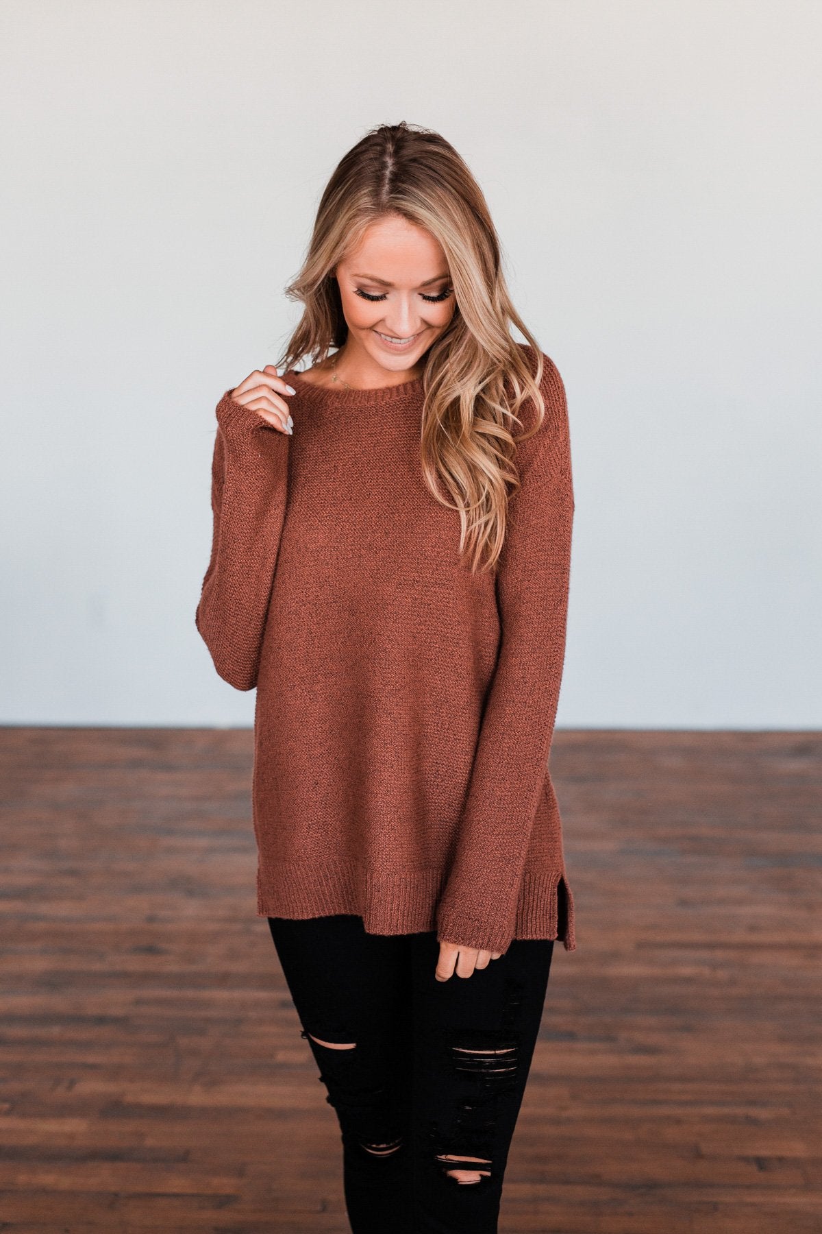 Reaching Out To You Knit Sweater- Brick