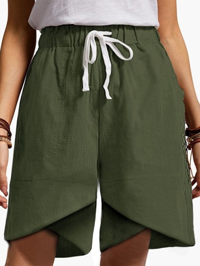 Ladies cotton and linen lace-up cross loose casual shorts