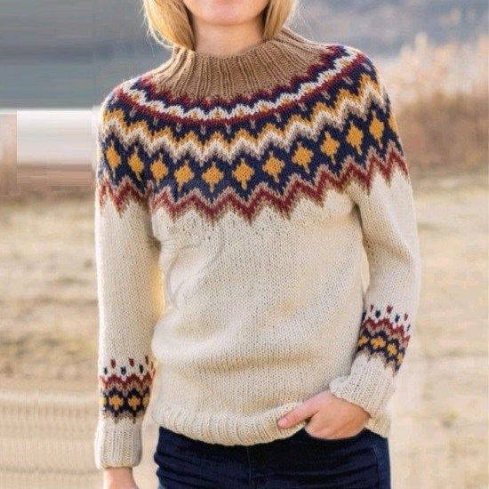 Fairman Island Vintage Contrast Geometric Jacquard Sweater