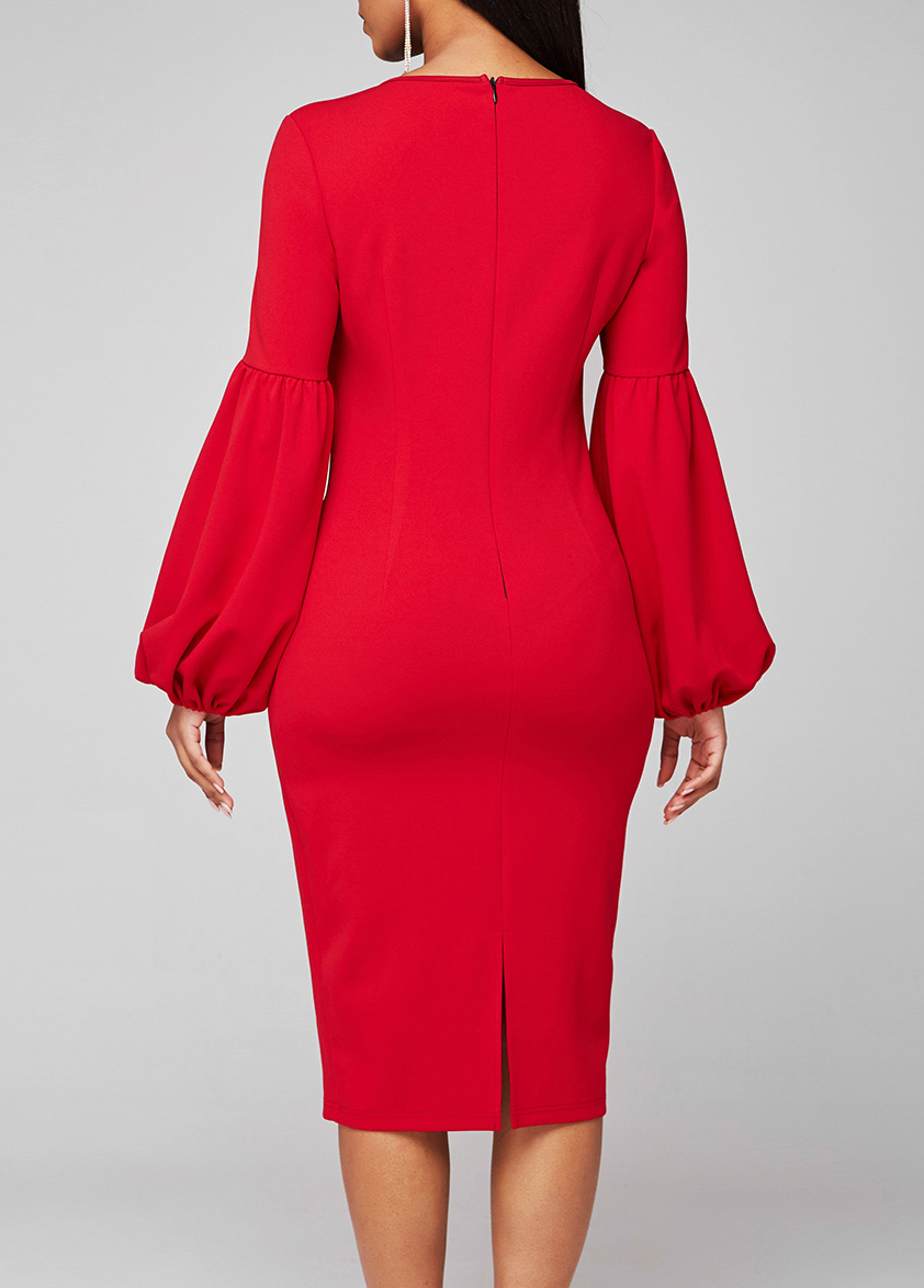 Lantern Sleeve Christmas Design Red Round Neck Dress