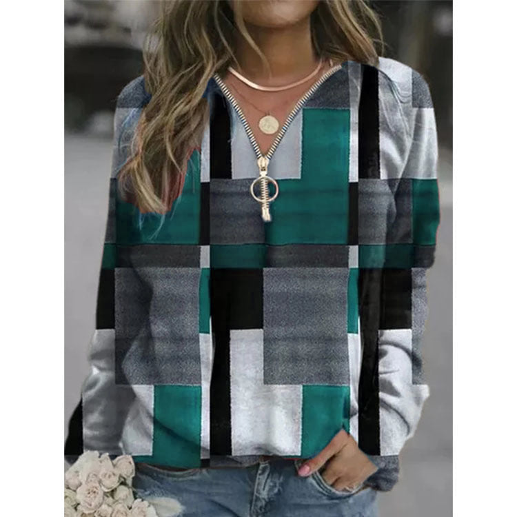 Women's Plaid Zip Long Sleeve Top Sweater