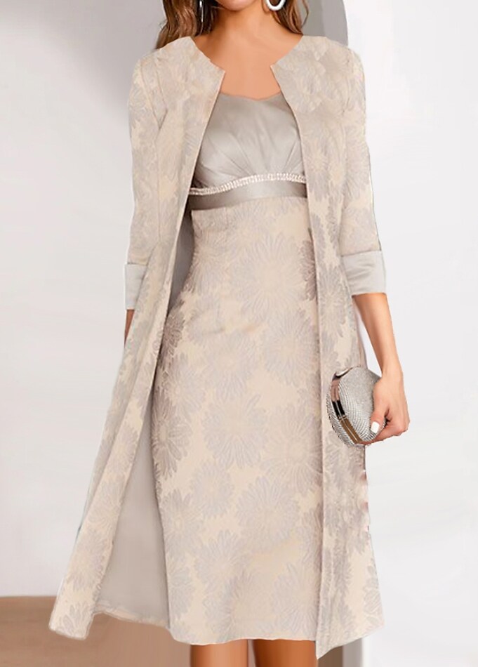 Women's Dress Set 3/4 Length Sleeve Floral Embroidered Layered Two-Piece Dress