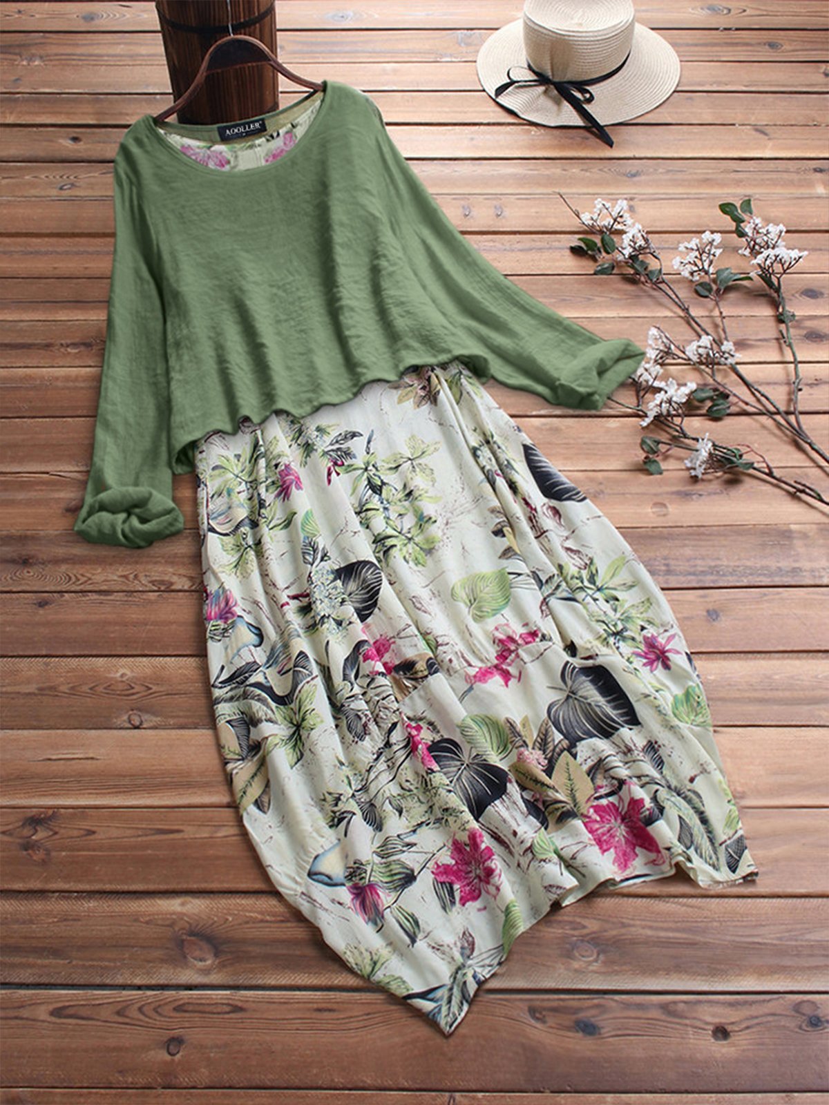 Women's Casual Floral Cotton Dress Two Piece Suit