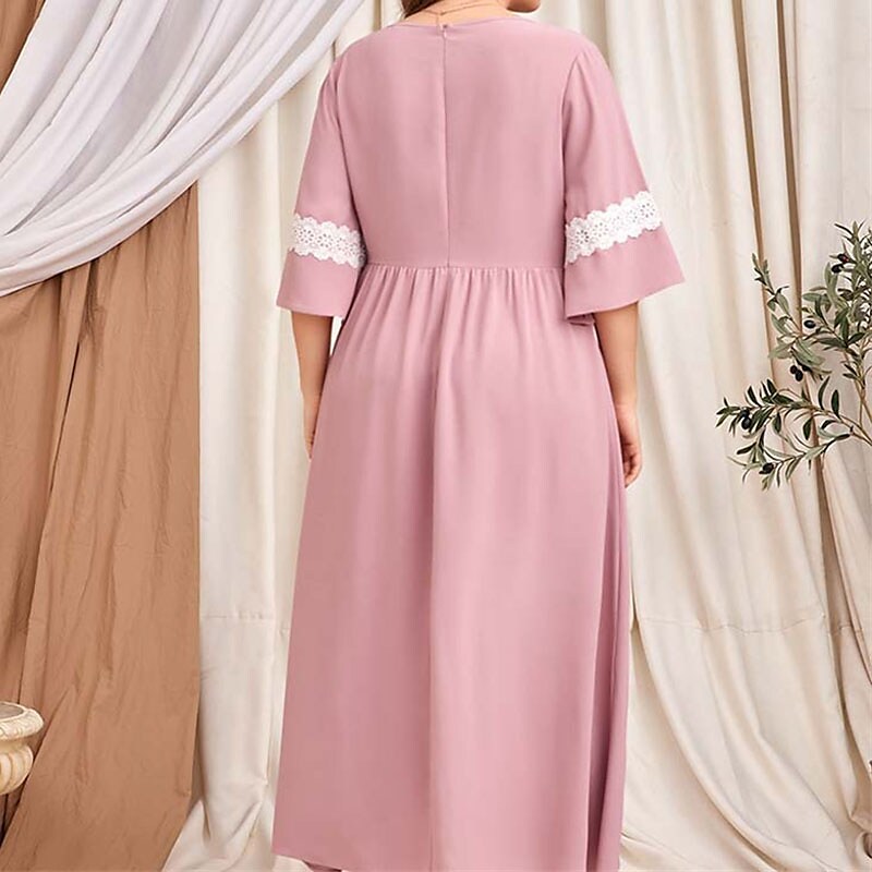 Women's Plus Size Casual Dress Color Block Crew Neck Lace Dress