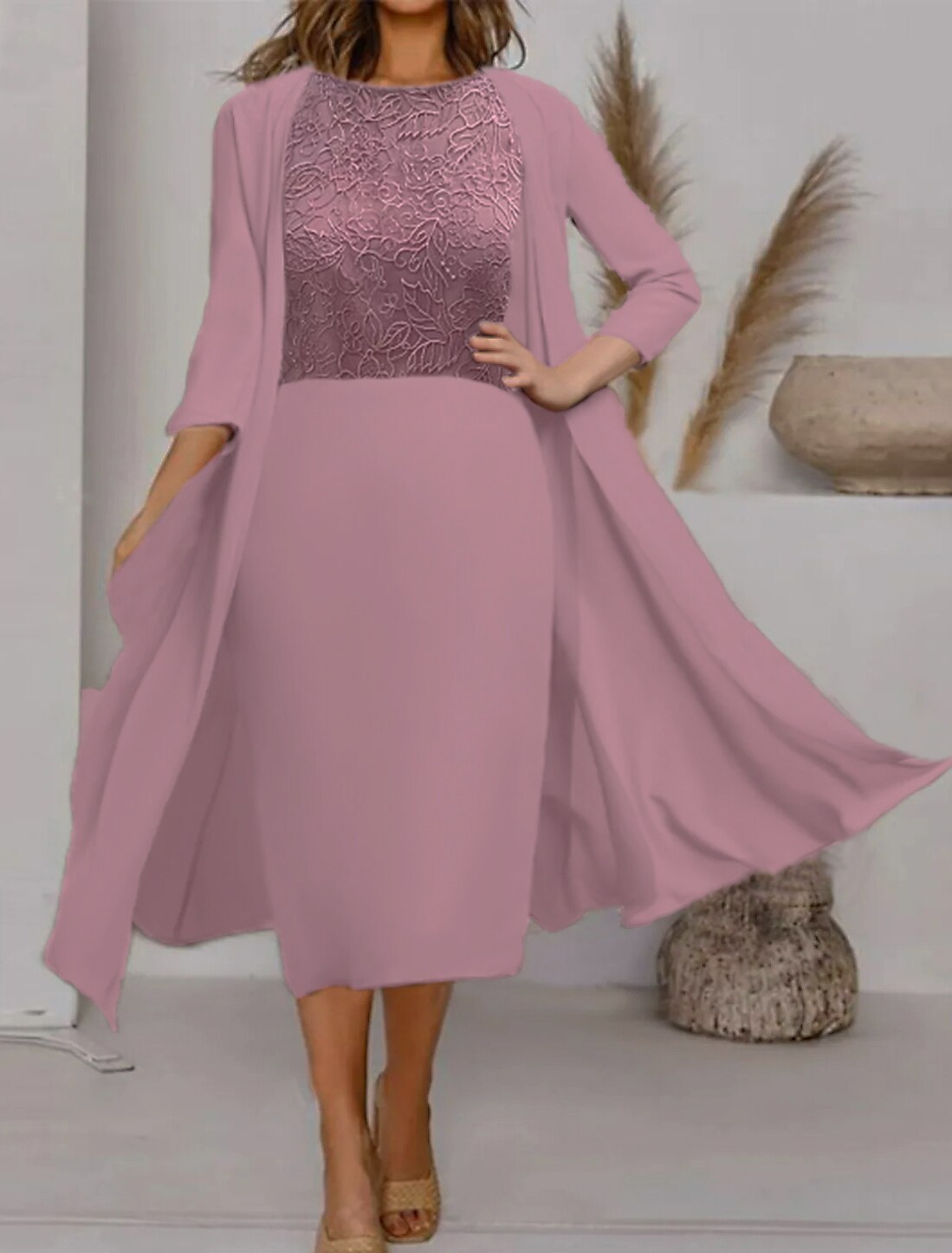 Women's Dress Set Two Piece Dress Midi Dress Pink 3/4 Length Sleeve Floral Pure Color Ruched Fall Winter Crew Neck Casual Sexy 2022 S M L XL XXL 3XL