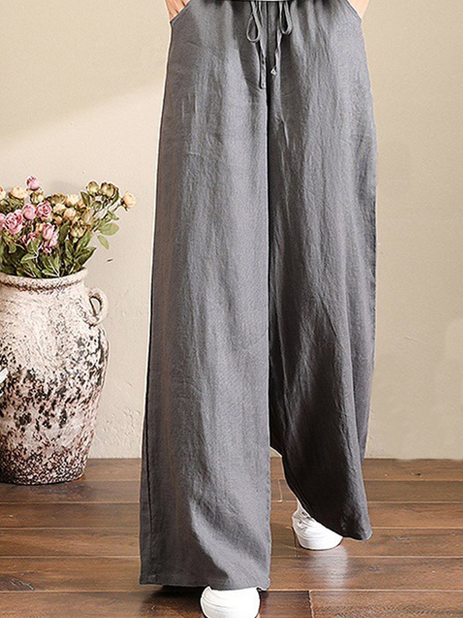 Women's cotton linen high waist mopping pants straight trousers casual pants wide leg pants