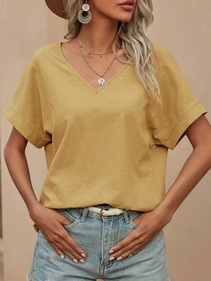 Women's Cotton Linen V-Neck Loose Top