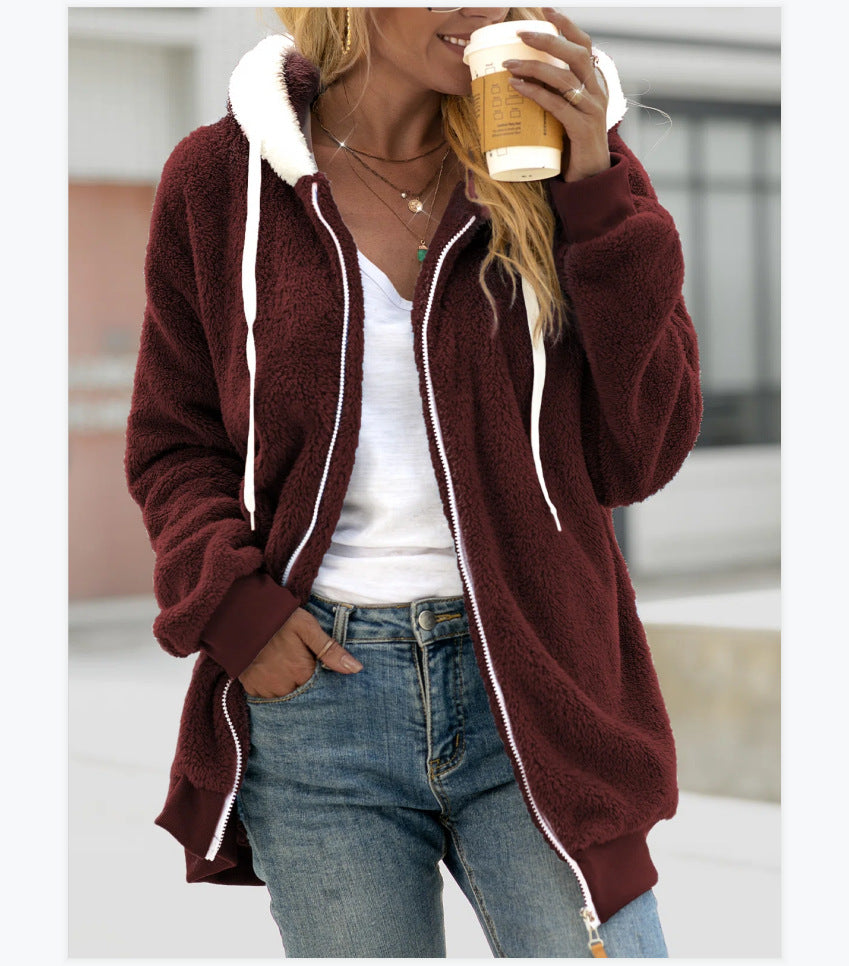 Women's Loose Plush Zip Hooded Sweater Jacket