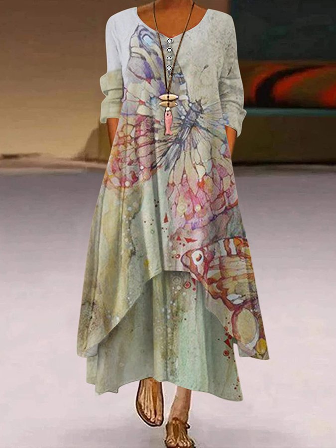 Women's Butterfly Print Pocket Long Sleeve Dress