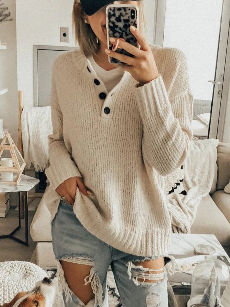 Solid color button sweater