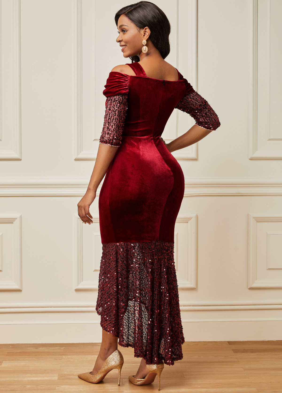 Sequin Wine Red Dip Hem Dress