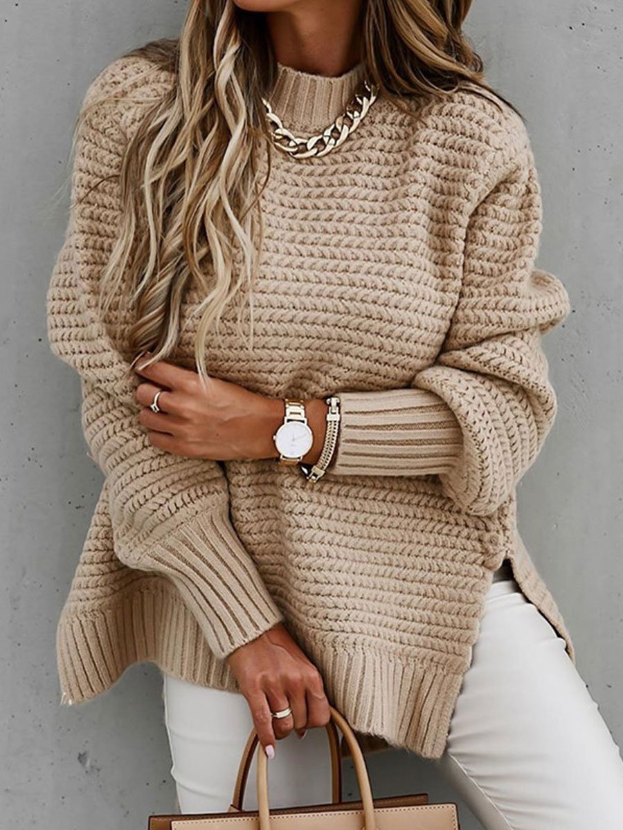 Solid color side slit knit sweater