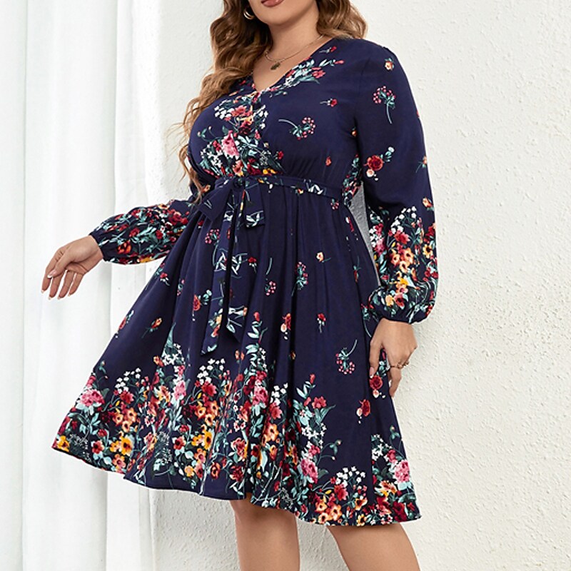 Women's Plus Size Casual Dress Floral V Neck Long Sleeve Fall Winter Casual Knee Length Dress Causal Daily Dress