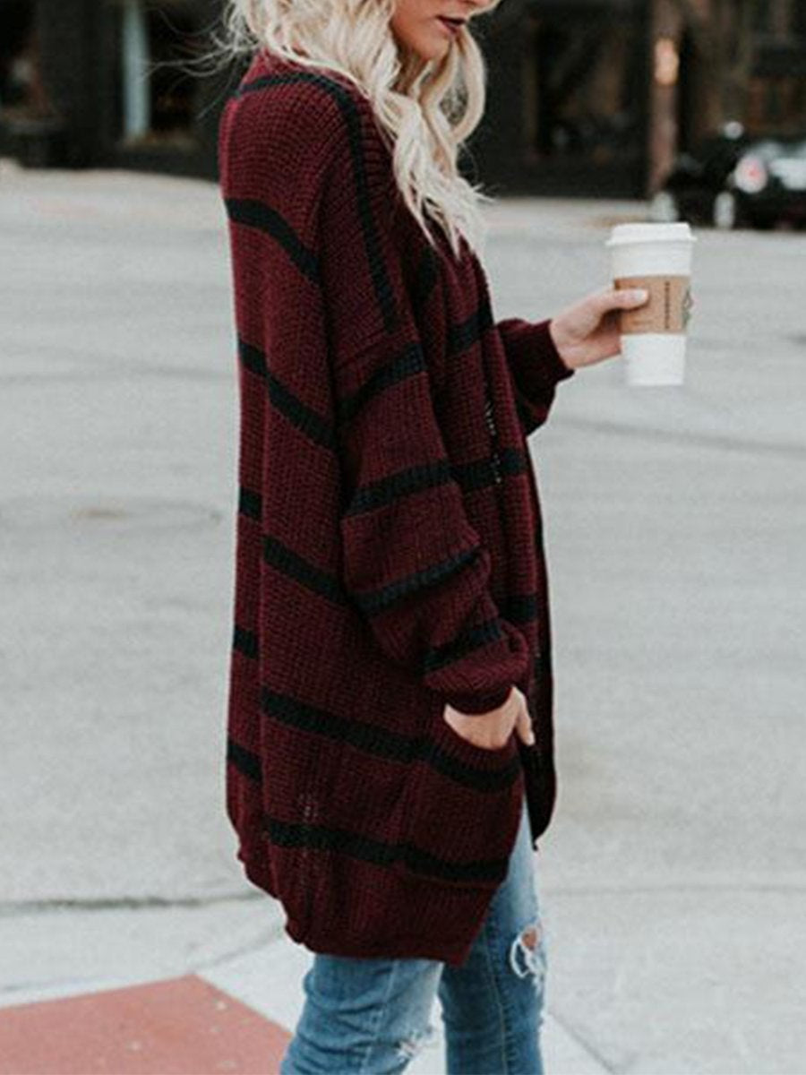 Collarless Slit Pocket Snap Front Striped Cardigan