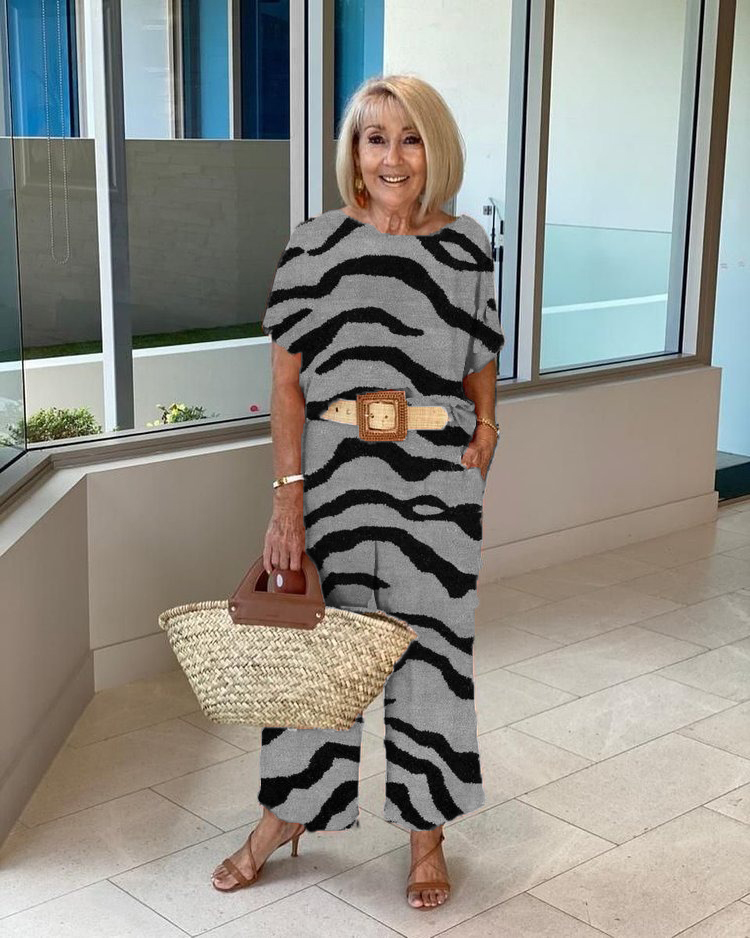 Tiger Pattern Short Sleeve Top and Trousers Two-Piece Set