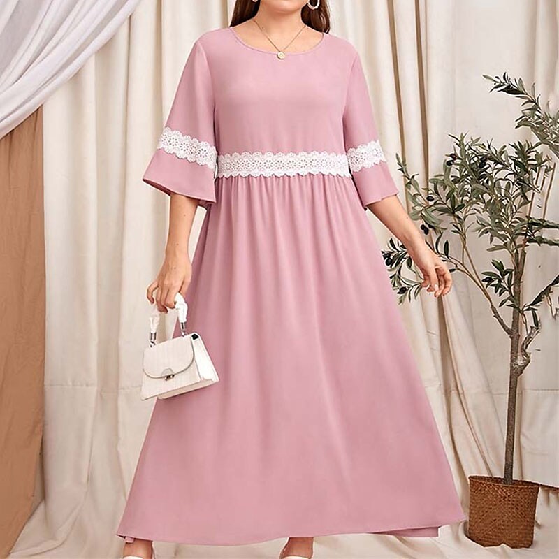 Women's Plus Size Casual Dress Color Block Crew Neck Lace Dress
