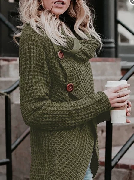 Solid Buttoned Long Sleeve Knitted Turtle Neck Sweater