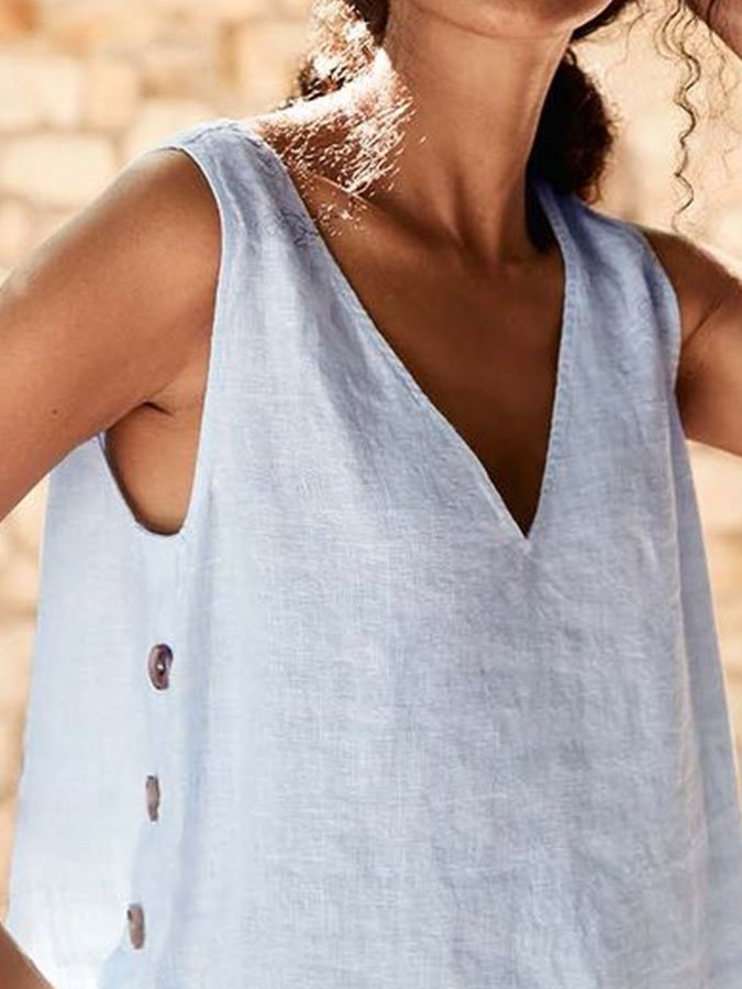 Solid V Neck Button Vest