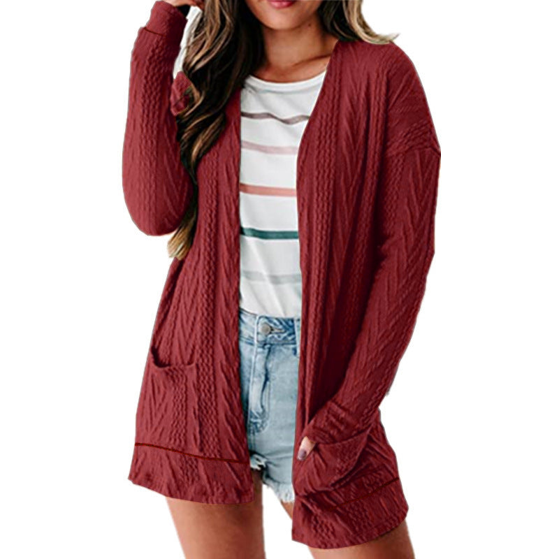Women's Solid Long Sleeve Pocket Knit Cardigan Sweater