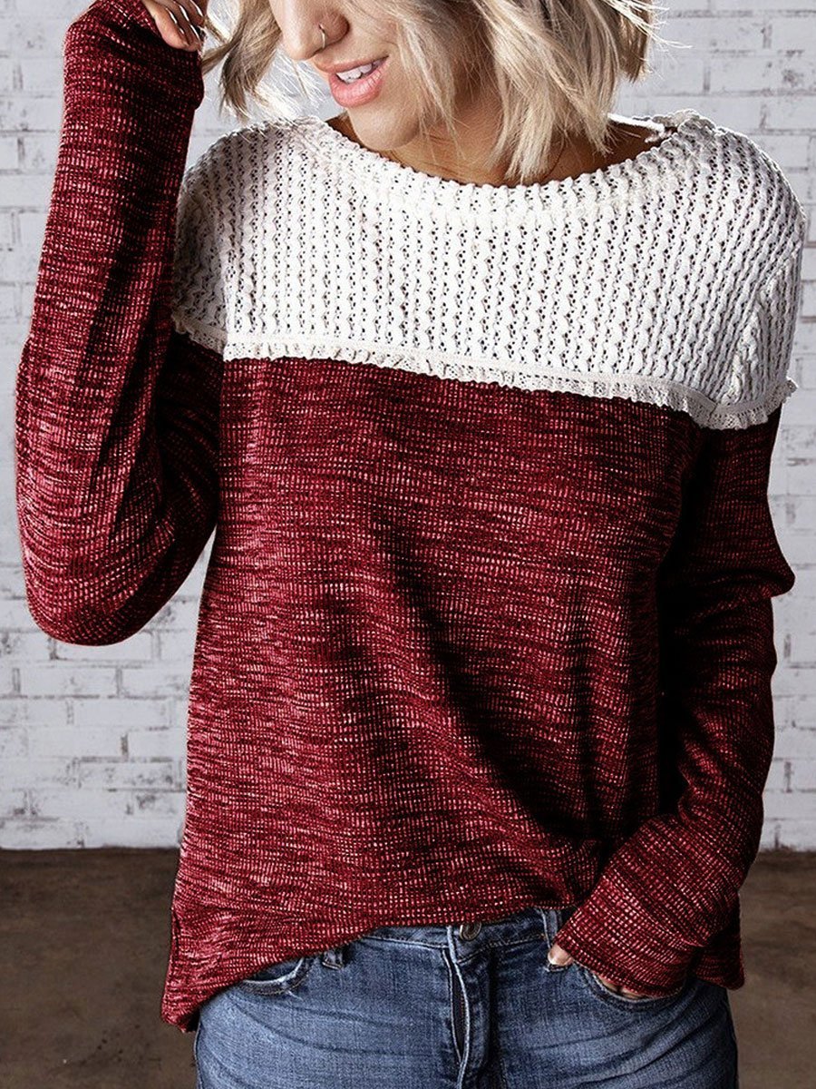 Round neck stitching knitted sweater