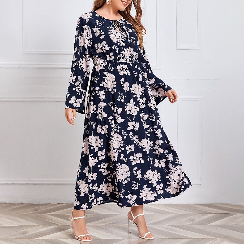 Women's Plus Size A Line Dress Floral Crew Neck Long Sleeve Fall Winter Stylish Casual Maxi long Dress Daily Vacation Dress