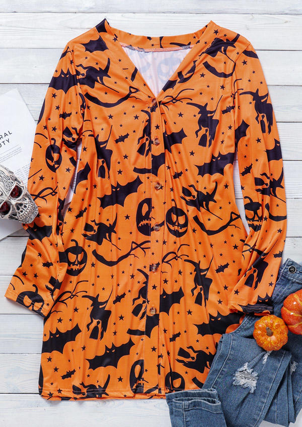 Halloween Pumpkin Bat Long Sleeve Cardigan - Orange