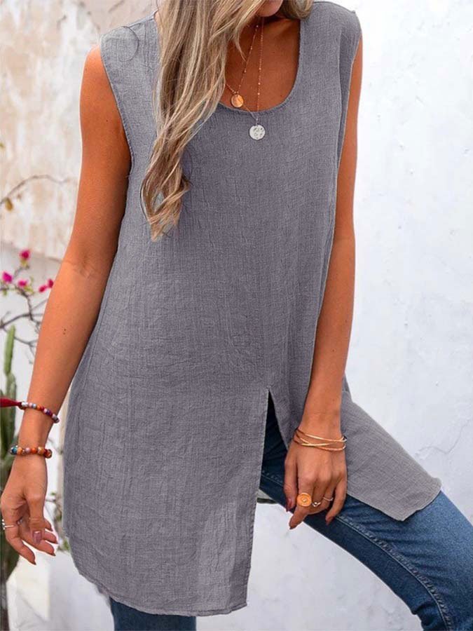Women's Cotton Linen Slit Sleeveless Top