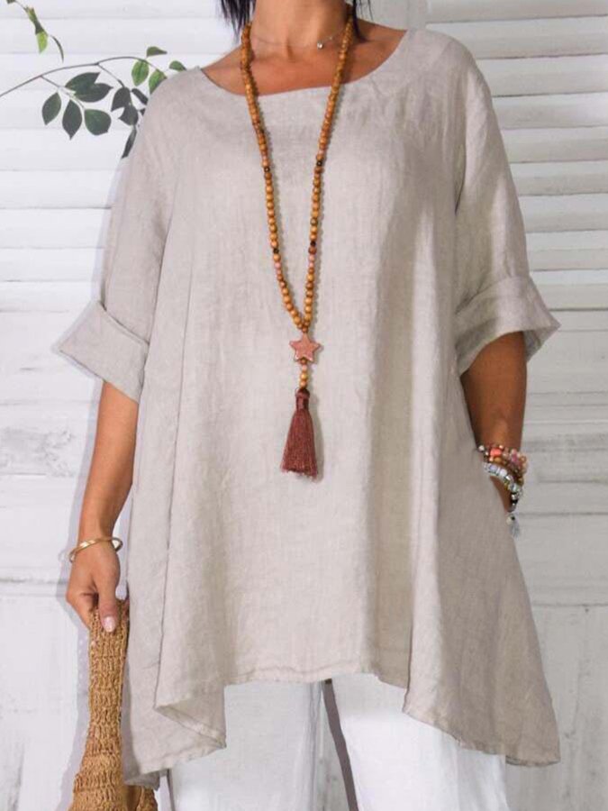 Ladies Cotton Linen Loose Casual Crew Neck Top