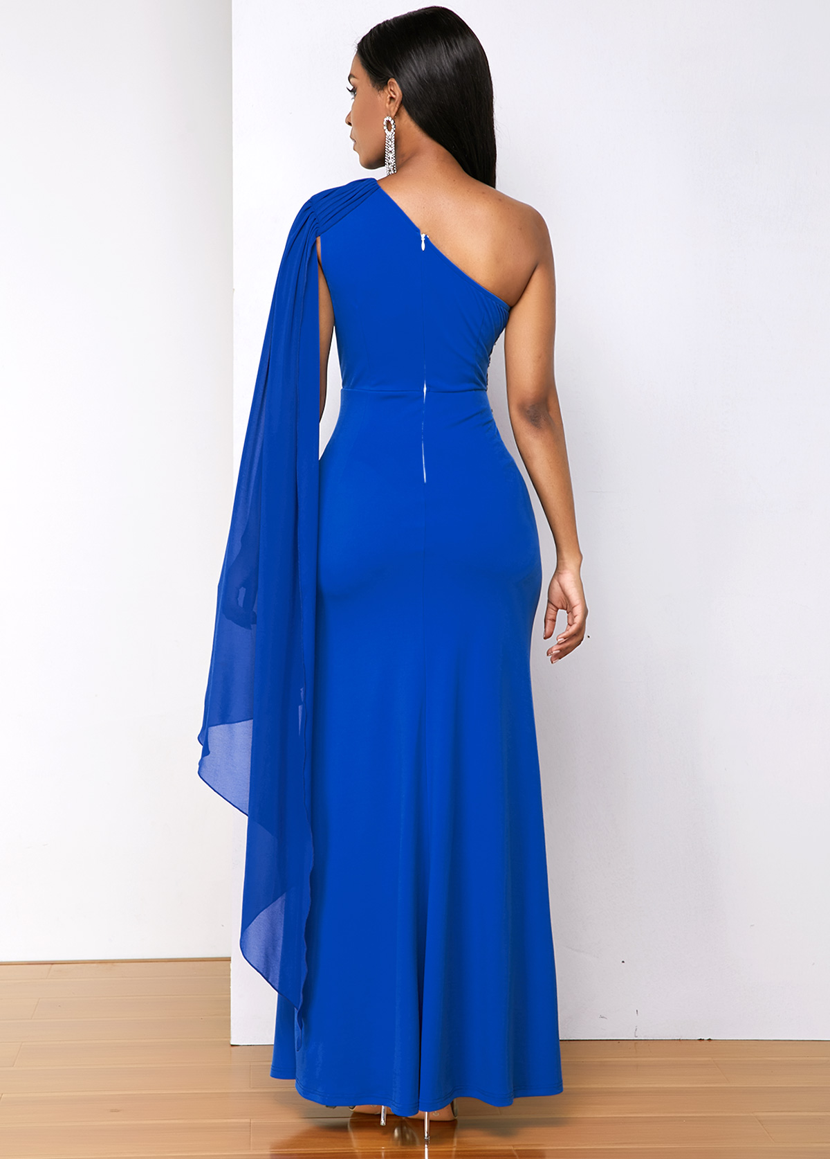 Solid Side Slit One Shoulder Long Sleeve Dress