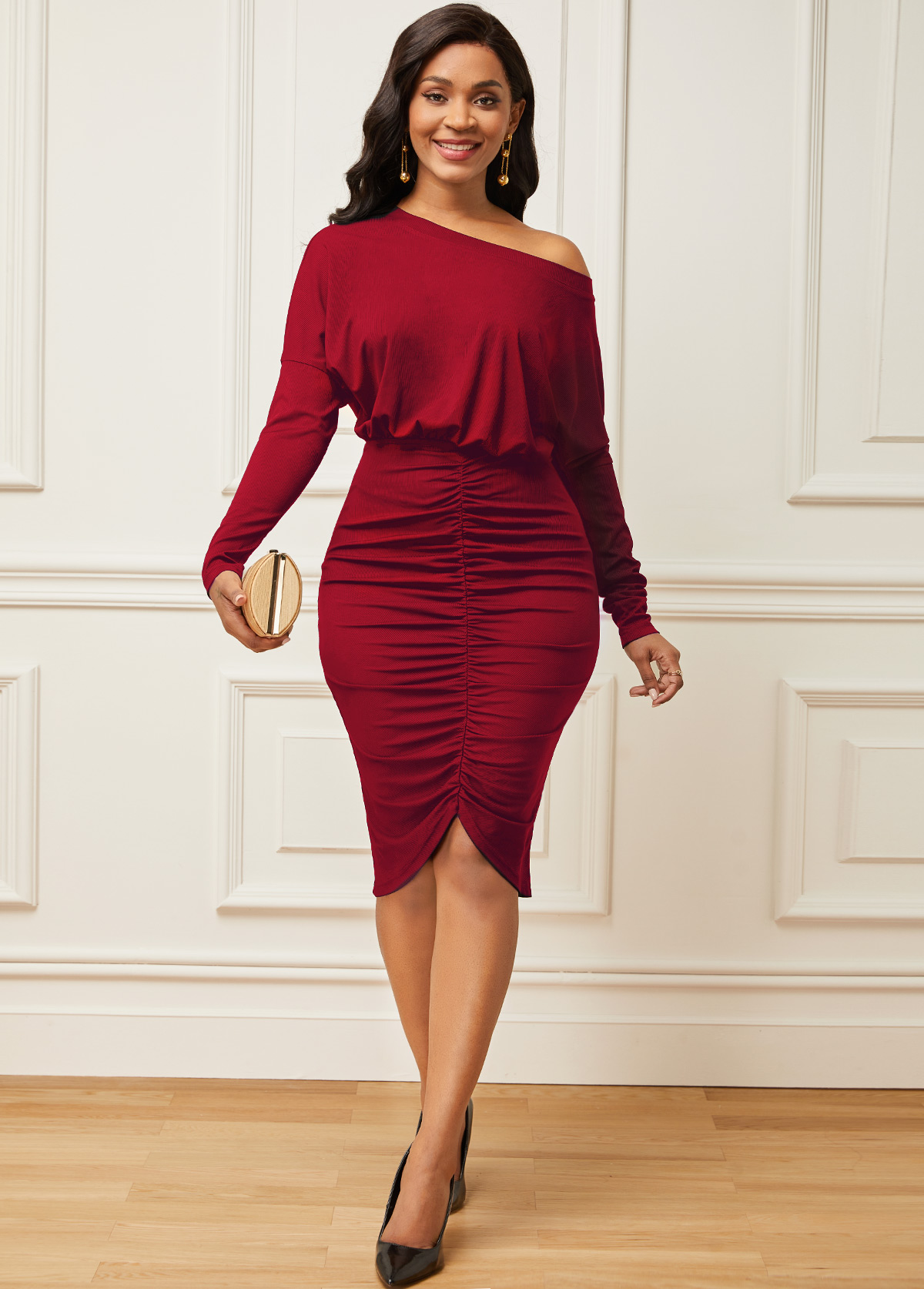 Skew Neck Shirred Long Sleeve Dress