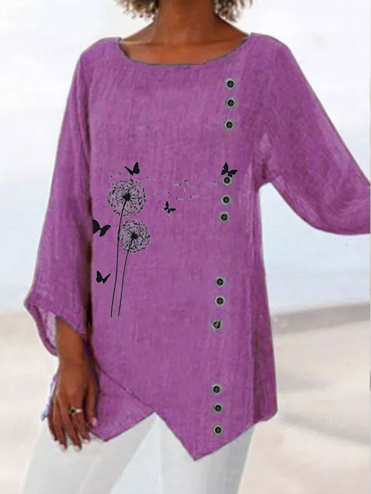 Women's Butterfly Print Irregular Cotton Shirt