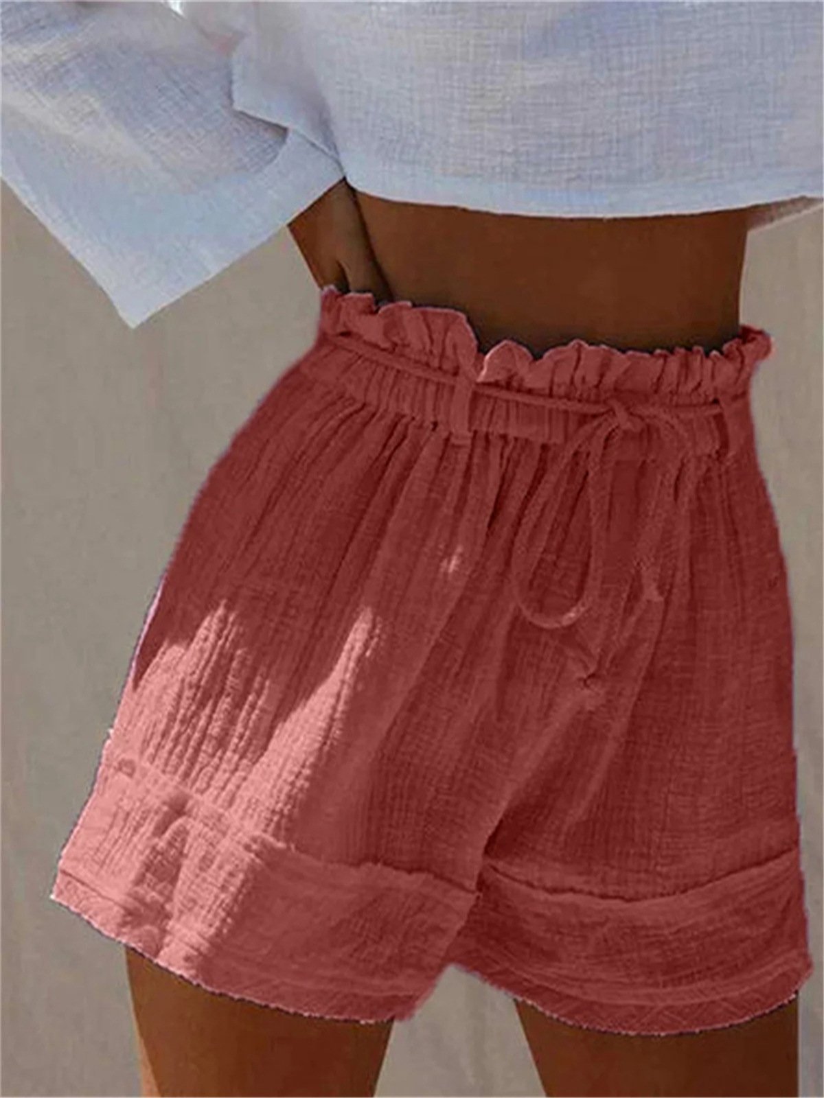 Ladies Cotton Linen High Waist Casual Shorts