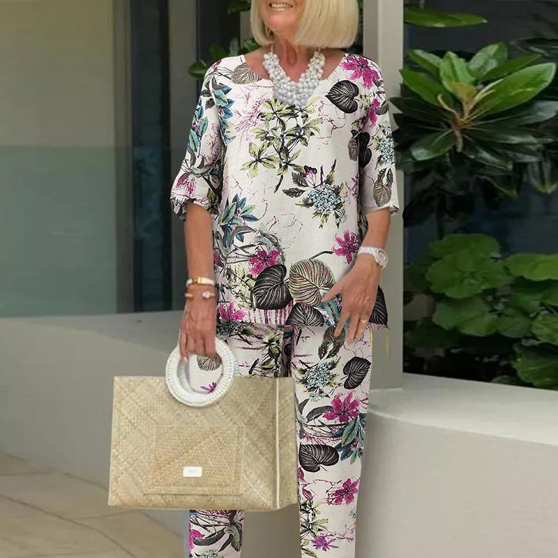 Women's Vintage Print Pants Set Half-sleeve Shirt Pants Set