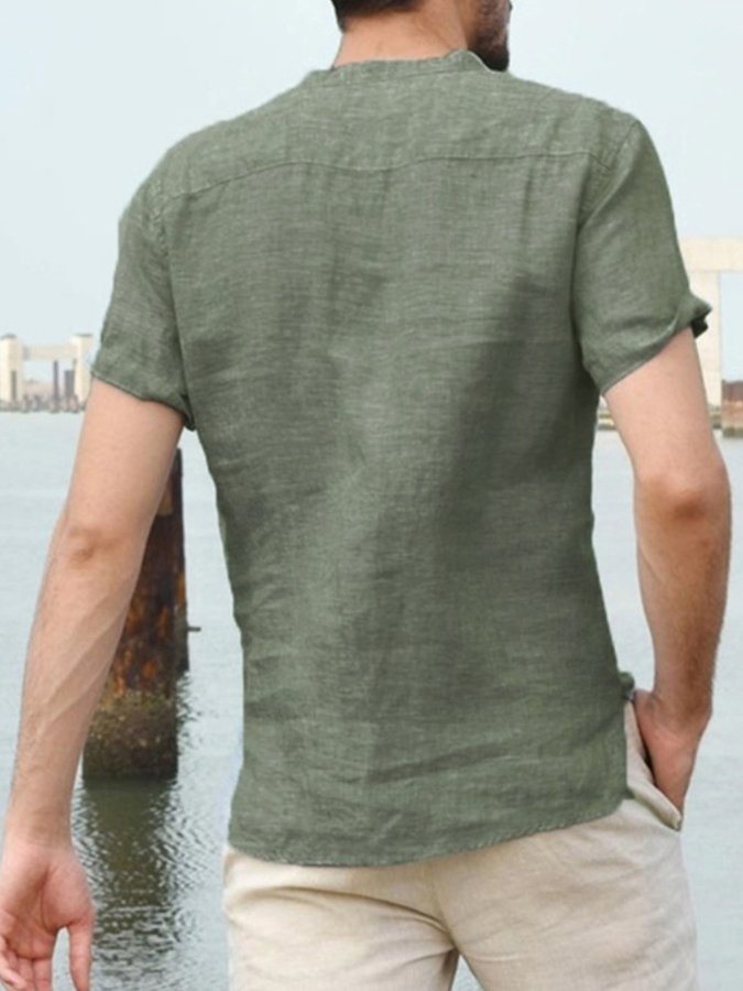 Men's Stand Collar Cotton Linen Short Sleeve Shirt