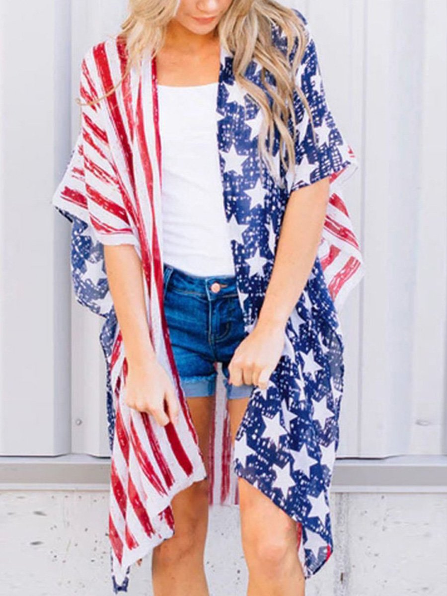 Irregular Hem Stars and Stripe Flag Kimono Cardigan