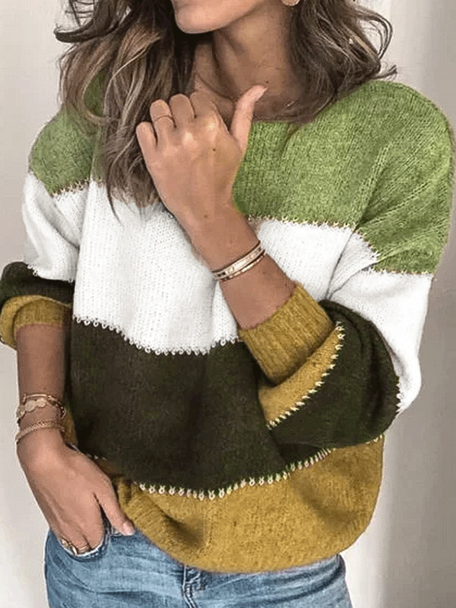 Contrast Stitching Crew Neck Knitted Sweater