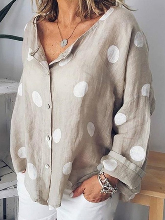 Ladies Cotton Linen Polka Dot Fashion V Neck Long Sleeve Printed Shirt