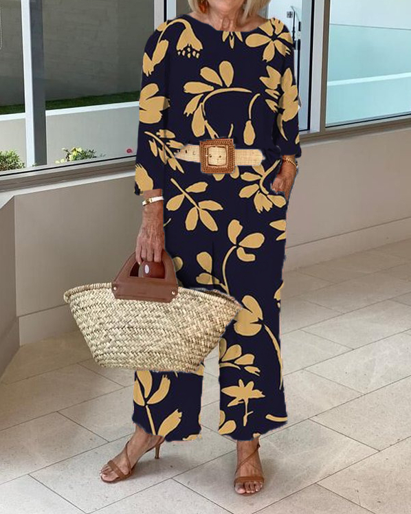 Leaves Long Sleeve Top and Trousers Two-Piece Set