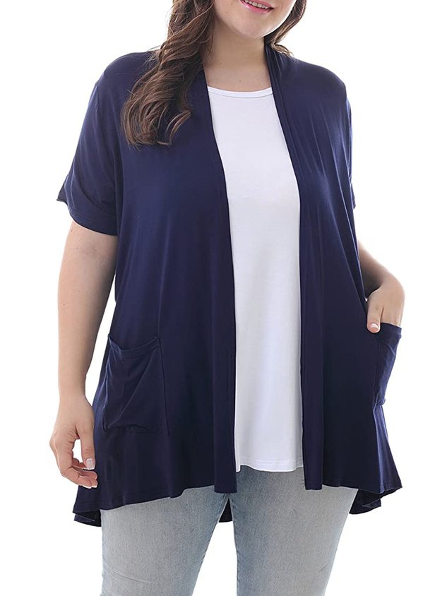 Women's Plus Size Short Sleeve Lightweight Soft Printed Drape Cardigan with Pockets