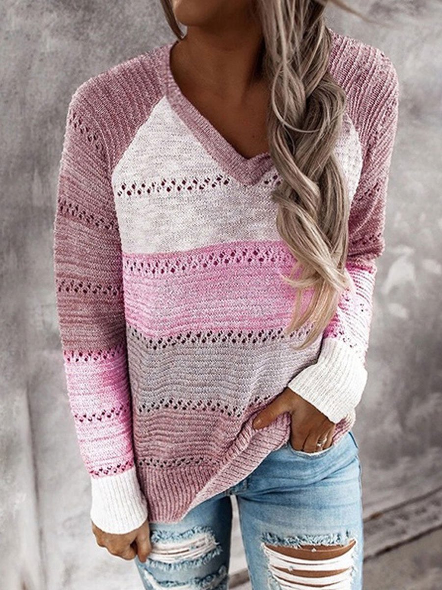 V-neck long sleeve color block sweater
