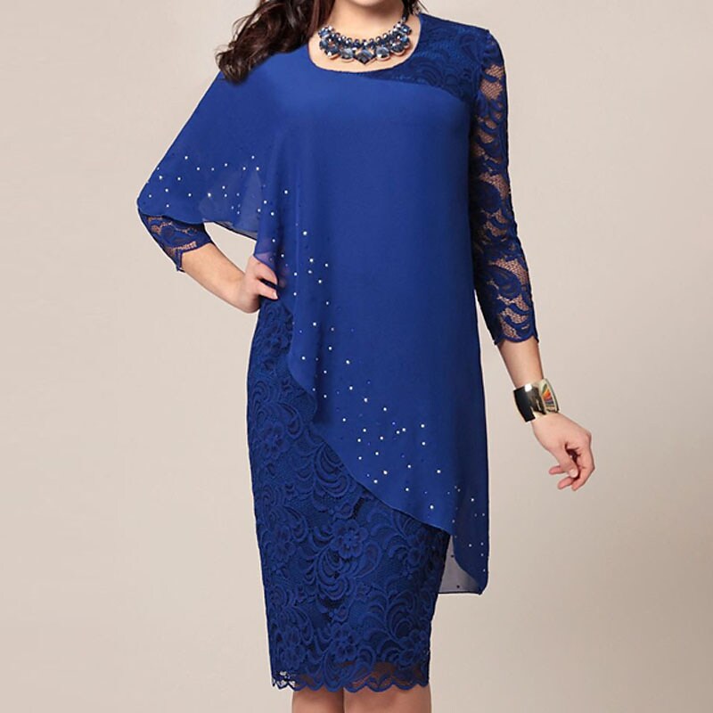Women's Plus Size Lace Dress Pure Color Round Neck 3/4 Length Sleeve Dress