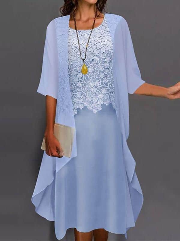 Women's Dress Set Two Piece Dress Shift Dress Midi Dress Light Blue Half Sleeve Pure Color Lace Fall Spring Autumn Crew Neck 2022 M L XL XXL XXXL 4XL 5XL