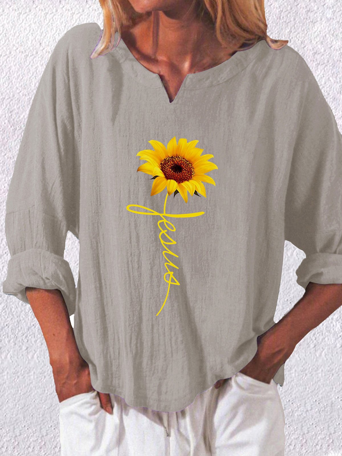 Women's Sunflower Jesus Faith Print Cotton Shirt