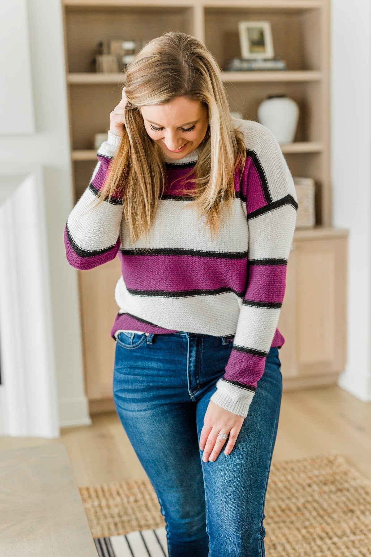 Oh So Soft Striped Knit Sweater- Magenta