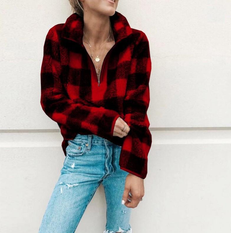 Band Collar Zipper Gingham Plaid Sweater/Sweatshirt