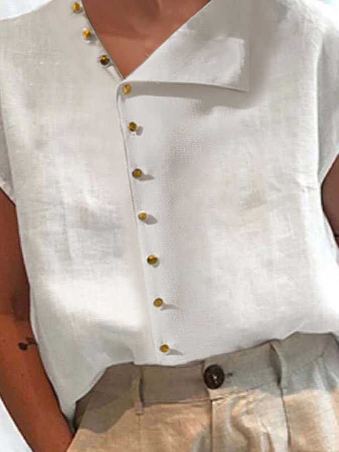 Casual Lapel Solid Color Cotton Linen Shirt