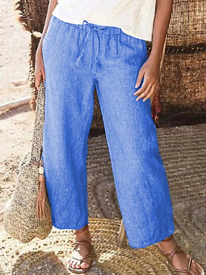 Ladies Cotton Linen Solid Color Drawstring Loose Wide Leg Pants