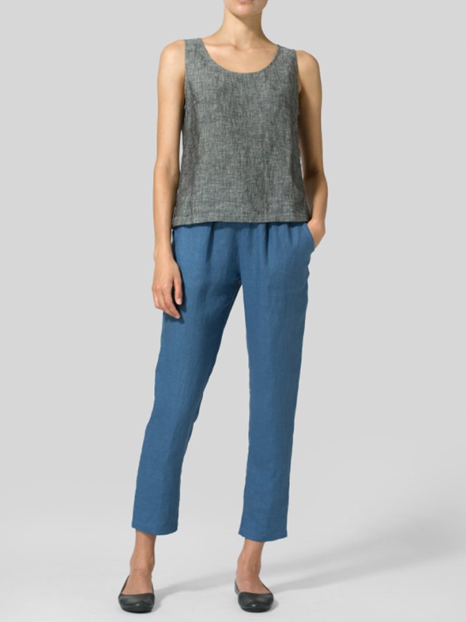 Women's Fashion Simple Cotton Linen Round Neck Sleeveless Tank Top